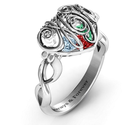 Cursive Mom Caged Hearts Ring with Infinity Band – Sterling Silver with Garnet, Emerald, and Aquamarine