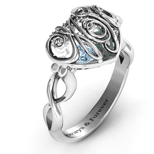 Cursive Mom Caged Hearts Ring with Infinity Band – Sterling Silver with Alexandrite and Aquamarine