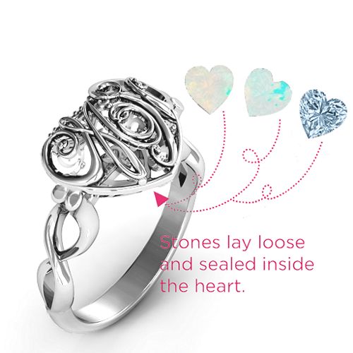 Cursive Mom Caged Hearts Ring with Infinity Band – Sterling Silver with Opal and Aquamarine