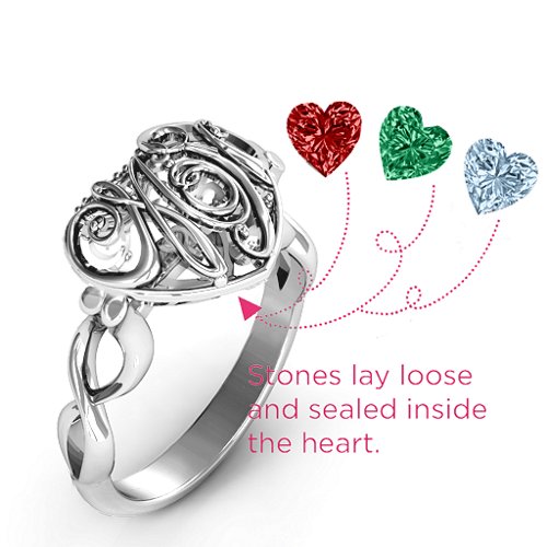 Cursive Mom Caged Hearts Ring with Infinity Band – Sterling Silver with Garnet, Emerald, and Aquamarine