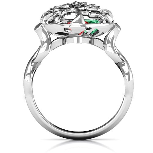 Family Tree Caged Hearts Ring with Infinity Band – Sterling Silver with Garnet, Emerald, Aquamarine, and Citrine