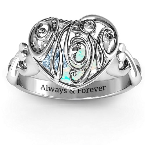Cursive Mom Caged Hearts Ring with Infinity Band – Sterling Silver with Opal and Aquamarine