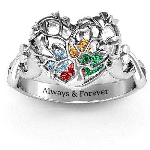 Family Tree Caged Hearts Ring with Infinity Band – Sterling Silver with Garnet, Emerald, Aquamarine, and Citrine