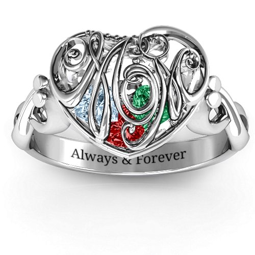 Cursive Mom Caged Hearts Ring with Infinity Band – Sterling Silver with Garnet, Emerald, and Aquamarine