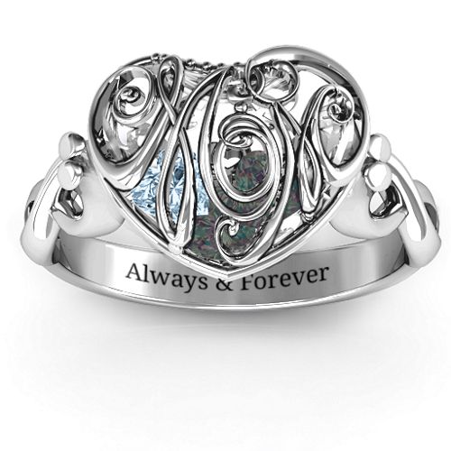 Cursive Mom Caged Hearts Ring with Infinity Band – Sterling Silver with Alexandrite and Aquamarine