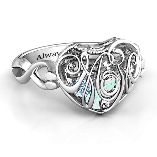 Cursive Mom Caged Hearts Ring with Infinity Band – Sterling Silver with Opal and Aquamarine