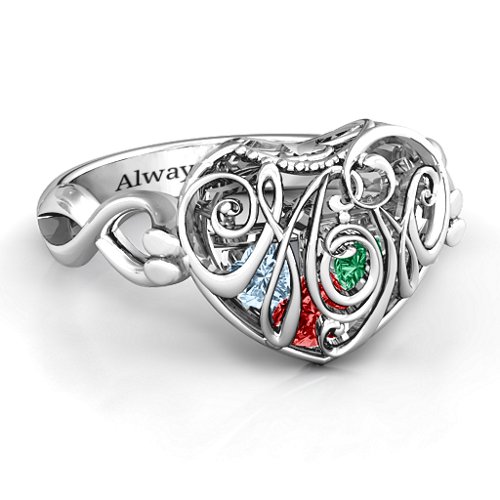 Cursive Mom Caged Hearts Ring with Infinity Band – Sterling Silver with Garnet, Emerald, and Aquamarine