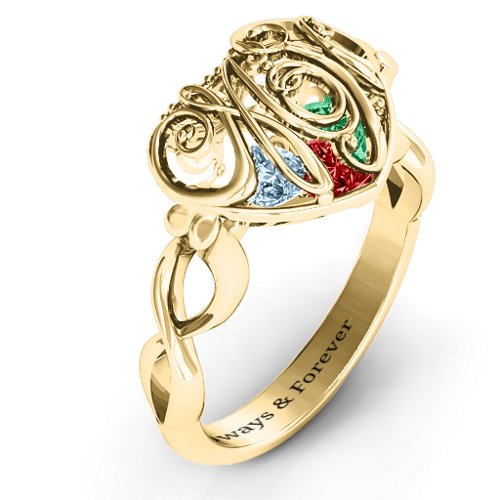 Cursive Mom Caged Hearts Ring with Infinity Band – 10K Yellow Gold with Garnet, Emerald, and Aquamarine