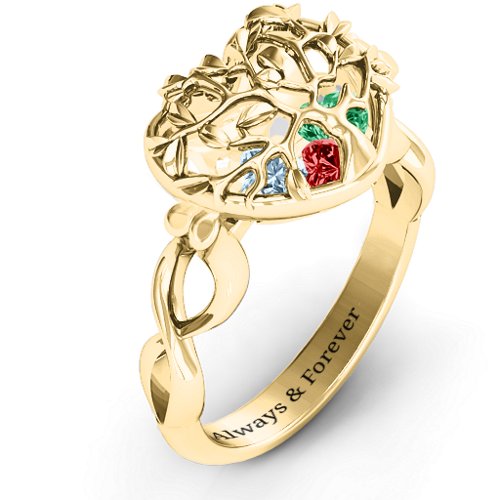 Family Tree Caged Hearts Ring with Infinity Band – 10K Yellow Gold with Garnet, Emerald, and Aquamarine