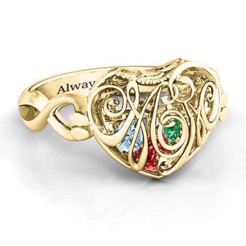 Cursive Mom Caged Hearts Ring with Infinity Band – 10K Yellow Gold with Garnet, Emerald, and Aquamarine