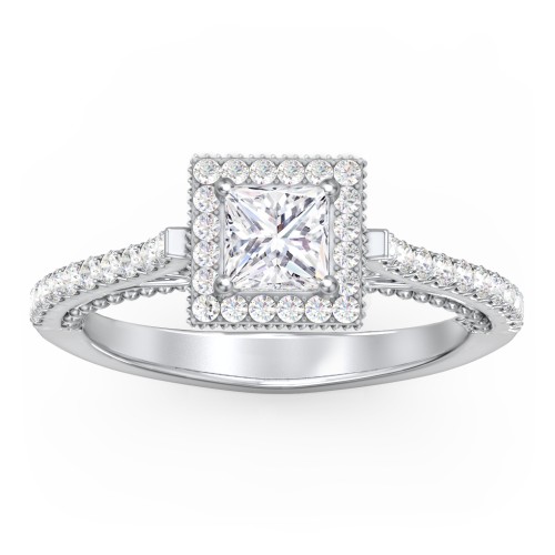 Classic Diamond Engagement Ring with Pave Accented Halo and Initial Setting - "The Brigitte" – 10K White Gold with Lab Diamond