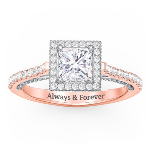 Classic Diamond Engagement Ring with Pave Accented Halo and Initial Setting - "The Brigitte" – 10K Rose Gold with Lab Diamond