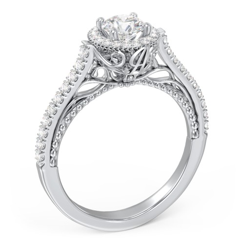 Classic Diamond Engagement Ring with Pave Accented Halo and Initial Setting - "The Brigitte" – 10K White Gold with Lab Diamond