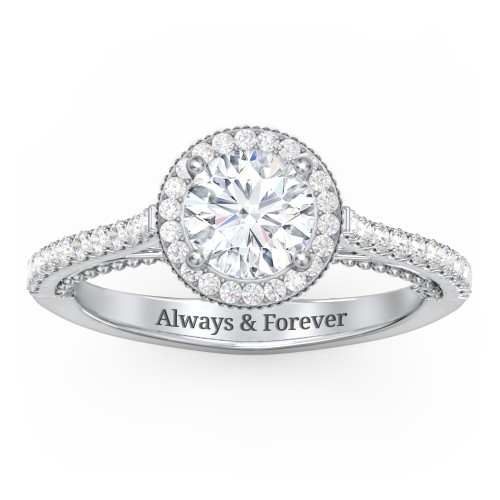 Classic Diamond Engagement Ring with Pave Accented Halo and Initial Setting - "The Brigitte" – 10K White Gold with Lab Diamond