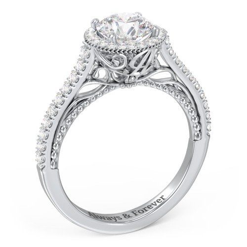 Classic Diamond Engagement Ring with Pave Accented Halo and Initial Setting - "The Brigitte" – 10K White Gold with Lab Diamond