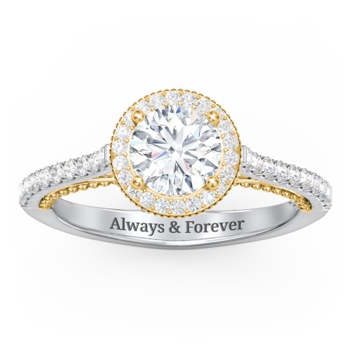 Classic Diamond Engagement Ring with Pave Accented Halo and Initial Setting - "The Brigitte" – 14K White Gold with Lab Diamond