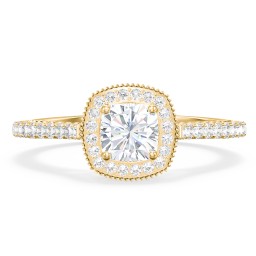Classic Diamond Engagement Ring with Pave Accented Halo and Initial Setting - "The Brigitte" in 10K Solid Yellow Gold with Diamond