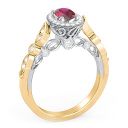 Vintage Diamond Engagement Ring with Accents and Halo Setting - "The Audrey" in 10K Solid Yellow Gold with 07RUBY-OV-0.50 and Lab Diamond