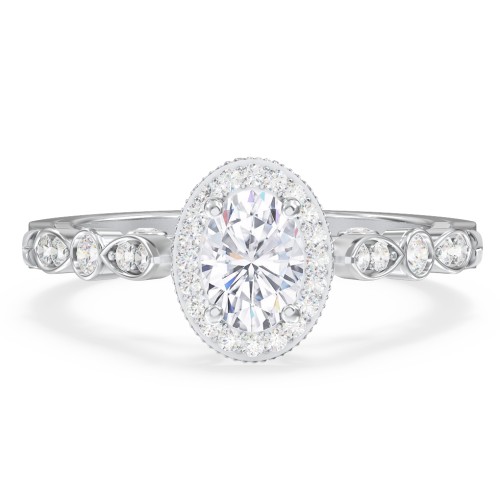 Vintage Diamond Engagement Ring with Accents and Halo Setting - "The Audrey" – 10K White Gold with Lab Diamond