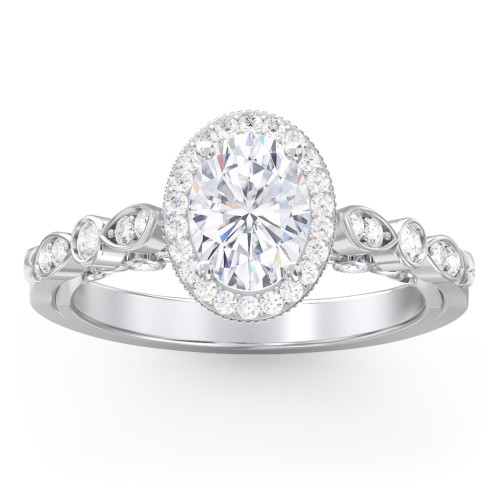 Vintage Diamond Engagement Ring with Accents and Halo Setting - "The Audrey" – 10K White Gold with Lab Diamond