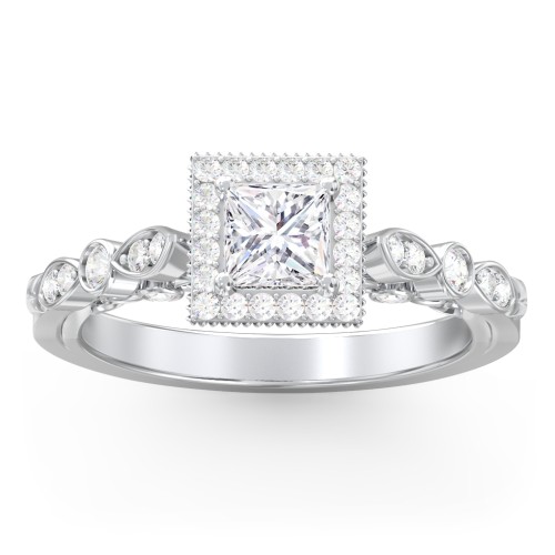 Vintage Diamond Engagement Ring with Accents and Halo Setting - "The Audrey" – 10K White Gold with Lab Diamond