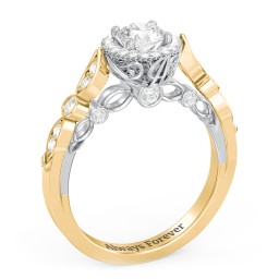 Vintage Diamond Engagement Ring with Accents and Halo Setting - "The Audrey" in 10K Solid Yellow Gold with 04LABDIAM-RD-0.50-VS2-F-VG and Lab Diamond