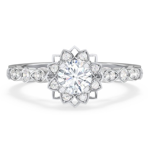Vintage Solitaire Diamond Engagement Ring with Accents and Floral Setting - "The Audrey" – 10K White Gold with Lab Diamond