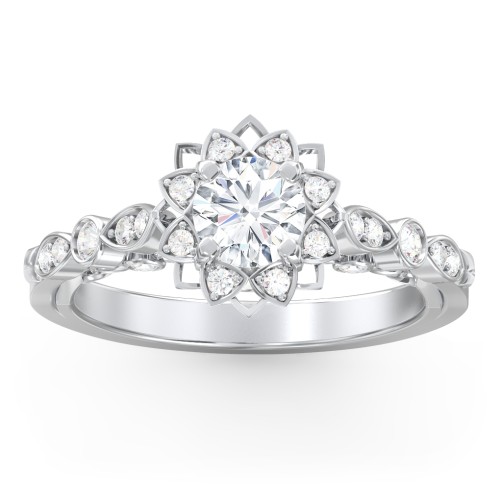 Vintage Solitaire Diamond Engagement Ring with Accents and Floral Setting - "The Audrey" – 10K White Gold with Lab Diamond