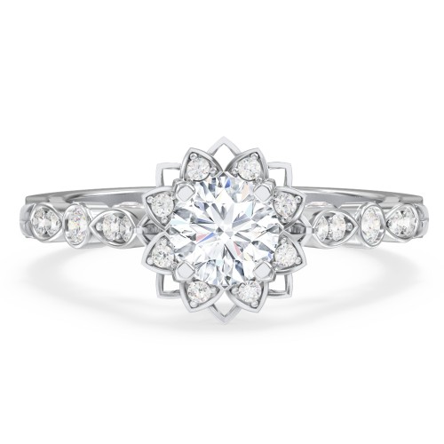 Vintage Solitaire Diamond Engagement Ring with Accents and Floral Setting - "The Audrey" – 10K White Gold with Lab Diamond