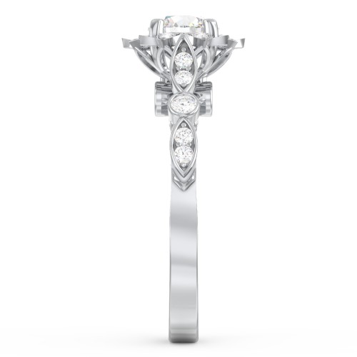 Vintage Solitaire Diamond Engagement Ring with Accents and Floral Setting - "The Audrey" – 10K White Gold with Lab Diamond