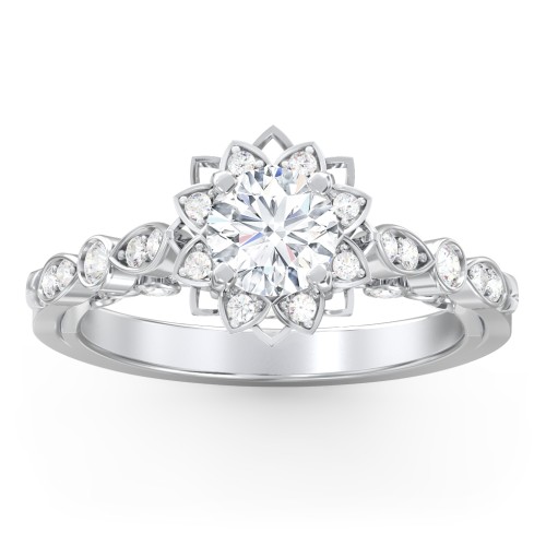 Vintage Solitaire Diamond Engagement Ring with Accents and Floral Setting - "The Audrey" – 10K White Gold with Lab Diamond