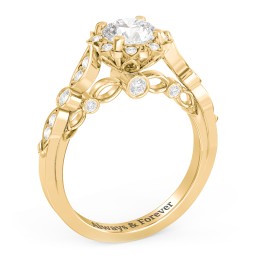 Vintage Solitaire Diamond Engagement Ring with Accents and Floral Setting - "The Audrey" in 10K Solid Yellow Gold with Diamond