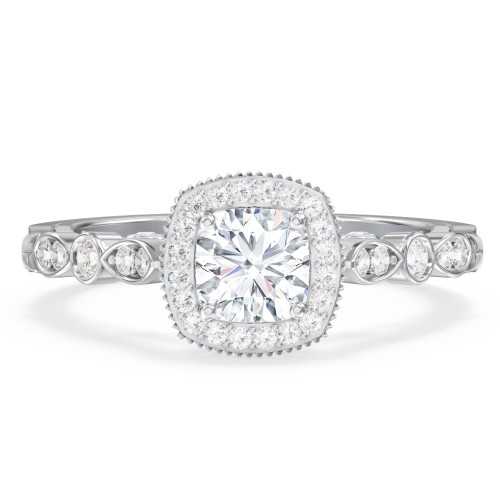 Vintage Diamond Engagement Ring with Accents and Halo Setting - "The Audrey" – 10K White Gold with Lab Diamond