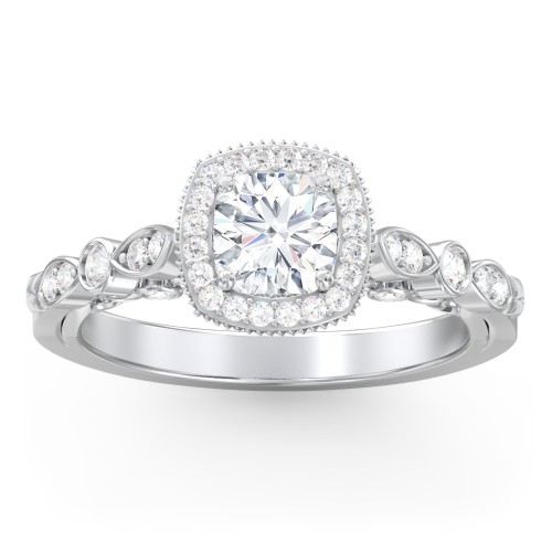 Vintage Diamond Engagement Ring with Accents and Halo Setting - "The Audrey" – 10K White Gold with Lab Diamond