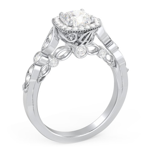 Vintage Diamond Engagement Ring with Accents and Halo Setting - "The Audrey" – 10K White Gold with Lab Diamond