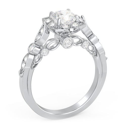 Vintage Solitaire Diamond Engagement Ring with Accents and Floral Setting - "The Audrey" – 10K White Gold with Lab Diamond