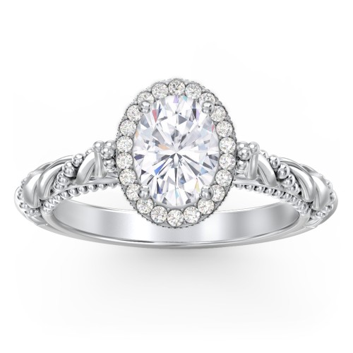 Vintage Diamond Engagement Ring with Accents and Halo Setting - "The Rita" – 10K White Gold with Lab Diamond