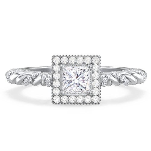 Vintage Diamond Engagement Ring with Accents and Halo Setting - "The Rita" – 10K White Gold with Lab Diamond