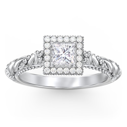 Vintage Diamond Engagement Ring with Accents and Halo Setting - "The Rita" – 10K White Gold with Lab Diamond