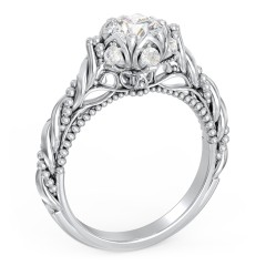 Vintage Solitaire Diamond Engagement Ring with Accents and Floral Setting - "The Rita" – 10K White Gold with Lab Diamond