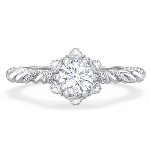 Vintage Solitaire Diamond Engagement Ring with Accents and Floral Setting - "The Rita" – 10K White Gold with Lab Diamond