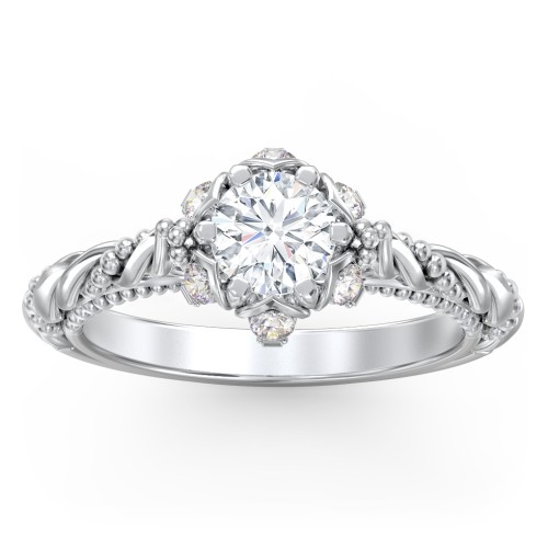 Vintage Solitaire Diamond Engagement Ring with Accents and Floral Setting - "The Rita" – 10K White Gold with Lab Diamond