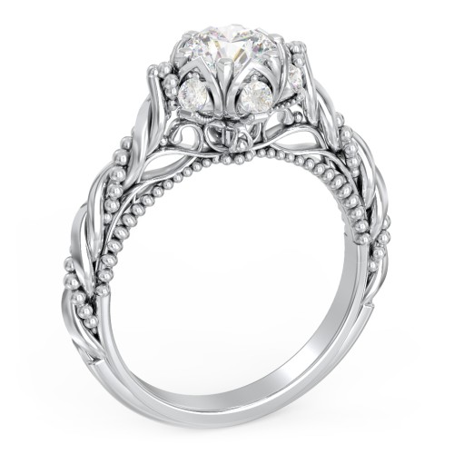 Vintage Solitaire Diamond Engagement Ring with Accents and Floral Setting - "The Rita" – 10K White Gold with Lab Diamond
