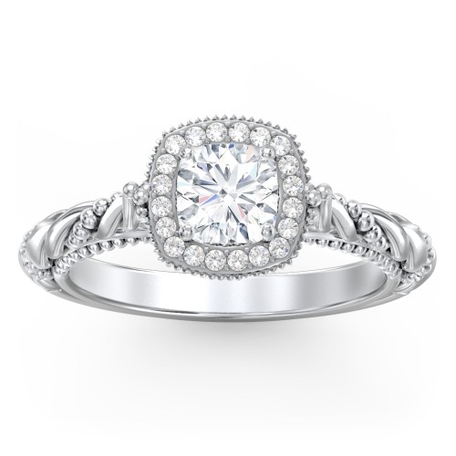Vintage Diamond Engagement Ring with Accents and Halo Setting - "The Rita" – 10K White Gold with Lab Diamond
