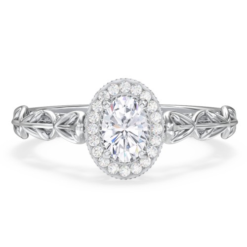 Diamond Halo Engagement Ring with Leaf and Vine Details - "The Ava" – 10K White Gold with Lab Diamond