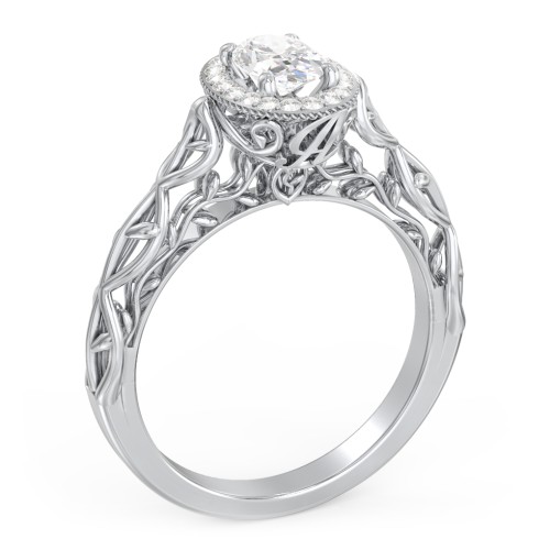 Diamond Halo Engagement Ring with Leaf and Vine Details - "The Ava" – 10K White Gold with Lab Diamond