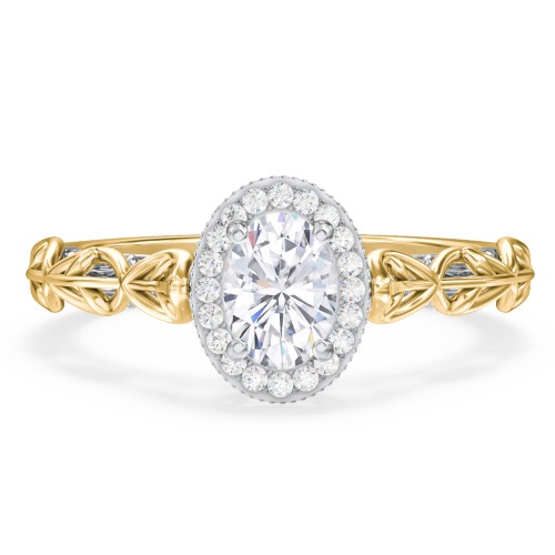 Diamond Halo Engagement Ring with Leaf and Vine Details - "The Ava" – 10K Yellow Gold with Lab Diamond