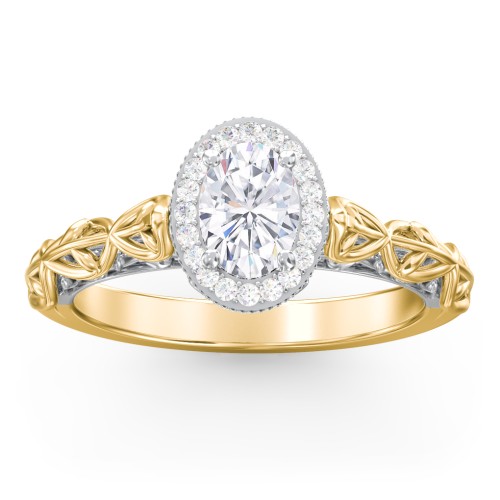 Diamond Halo Engagement Ring with Leaf and Vine Details - "The Ava" – 10K Yellow Gold with Lab Diamond