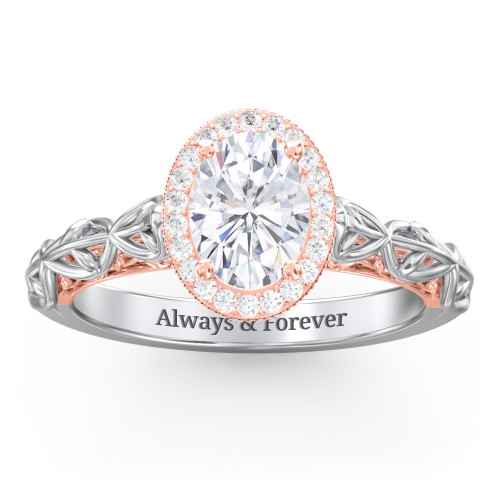 Diamond Halo Engagement Ring with Leaf and Vine Details - "The Ava" – 14K White Gold with Lab Diamond