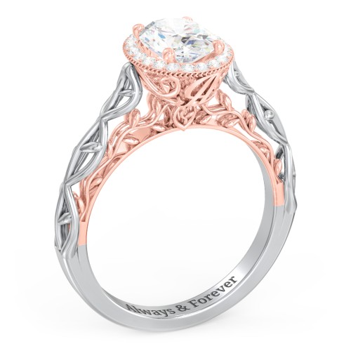 Diamond Halo Engagement Ring with Leaf and Vine Details - "The Ava" – 14K White Gold with Lab Diamond